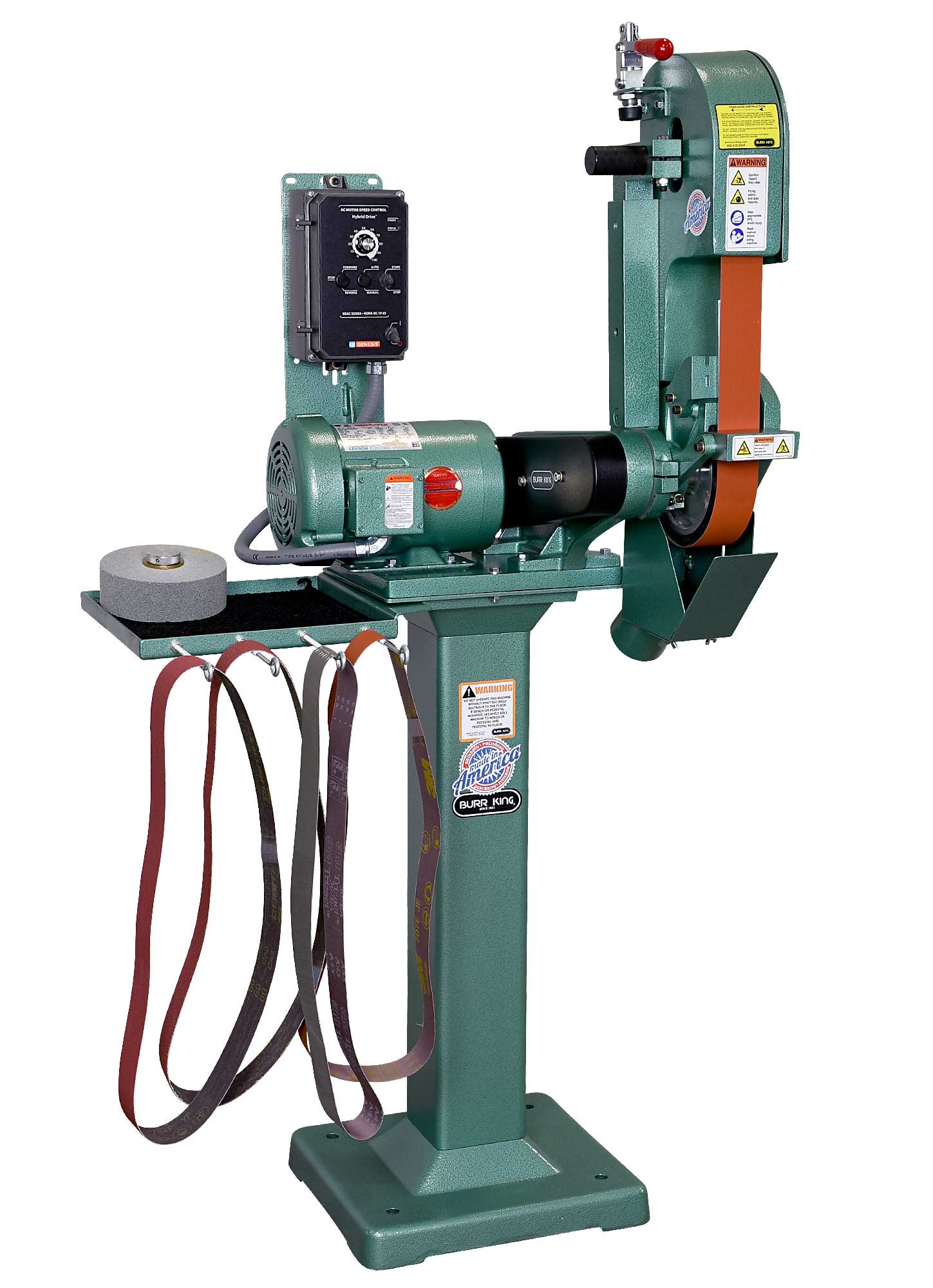 24821 - X400 variable speed belt grinder shown with optional 01 pedestal, 760T-2 tool tray and DS400-1 dust scoop.